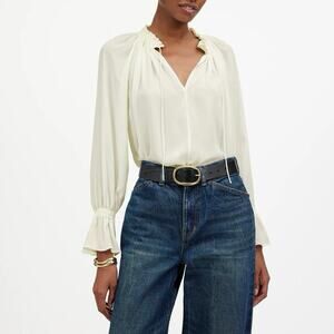Madewell Long-Sleeve Semi-Sheer Tie-Neck Dress Shirt Winter White Size Medium